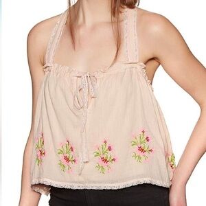 Free People Cream Camisole with Pink Floral Embroidery